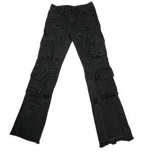 🔥 Rockstar Original Boys Sz 14 Black Distressed Cargo Jeans Raw Hem -Streetwear